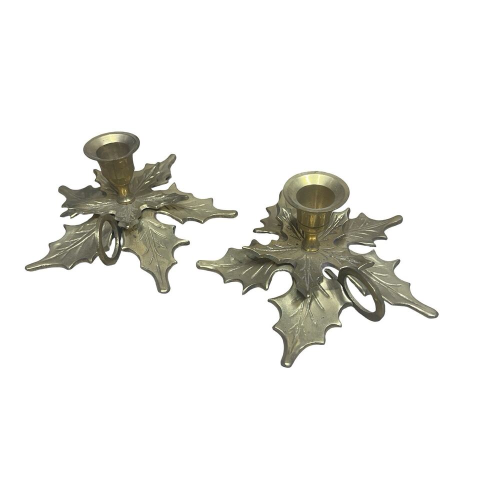 Vtg Set of 2 Brass Etched Christmas Poinsettia Flower Candle Holders w/ Handles